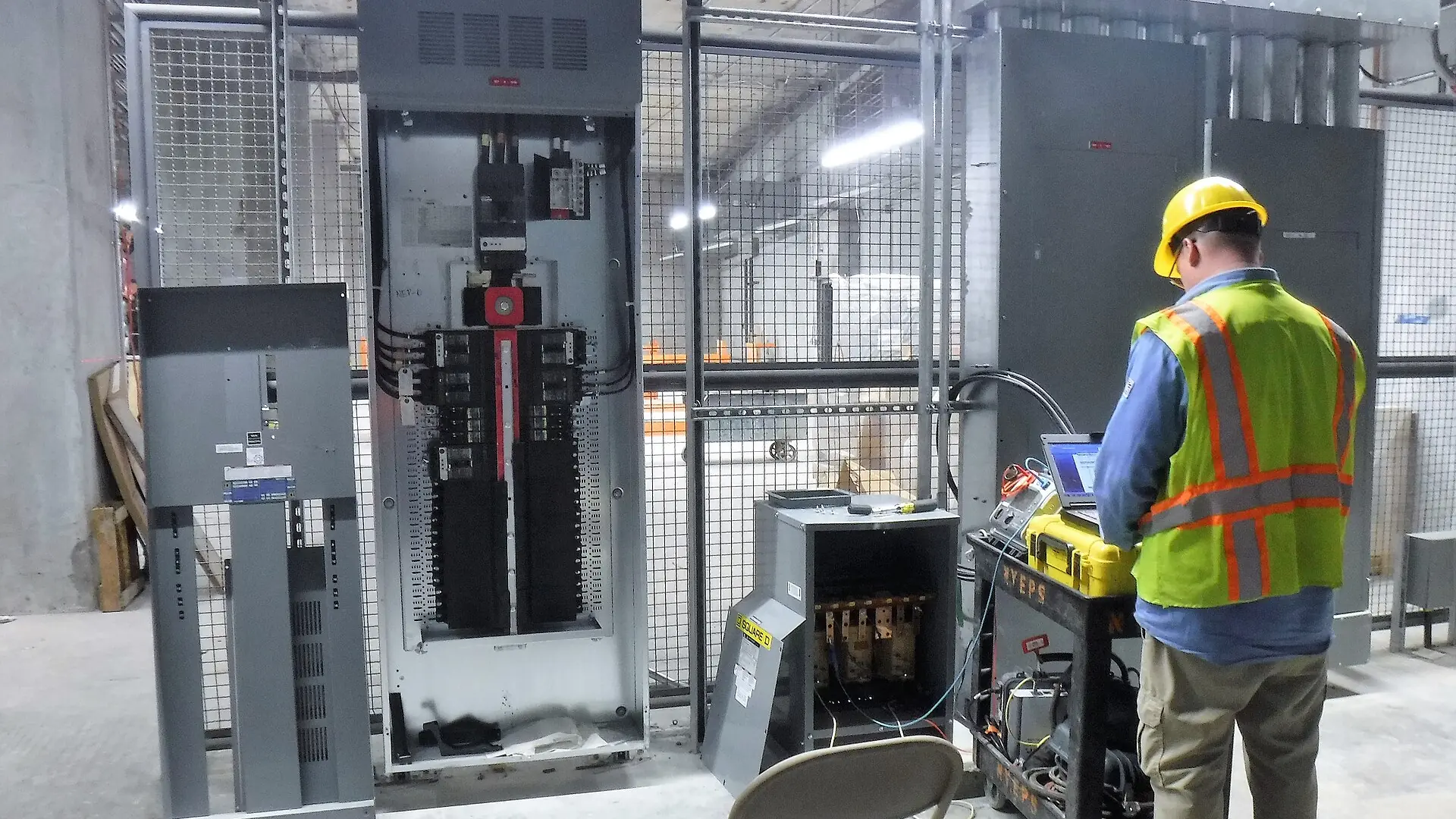 A technician testing newly installed power distribution equipment